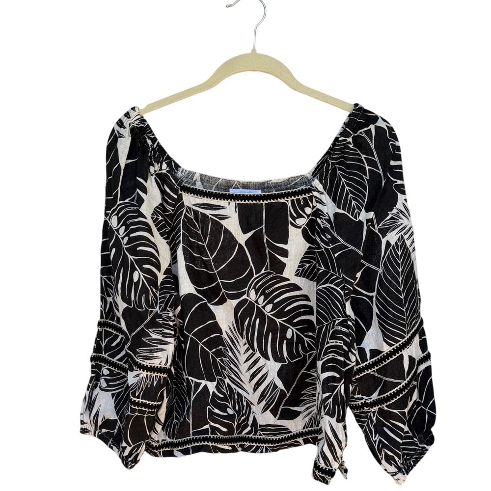 Black White 100% Linen Peasant Top Tropical Print Blouse Large Cynthia Rowley